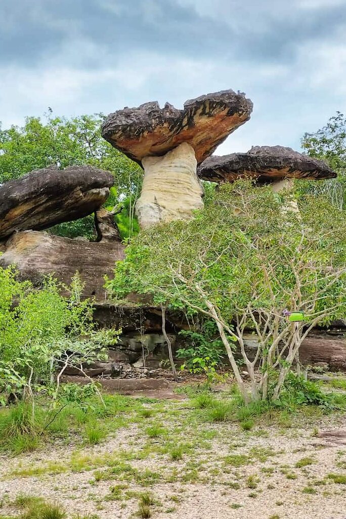 Les formations rocheuses en forme de champignons Sao Chaliang, puis de là, une petite balade mène à un point de vue dans le Parc Tha Taem.